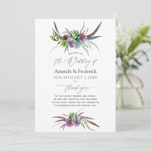 Mystical Boho Waterverf Succulent Wedding Programmakaart (Staand voorkant)