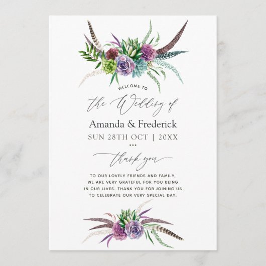Mystical Boho Waterverf Succulent Wedding Programmakaart (Voorkant)