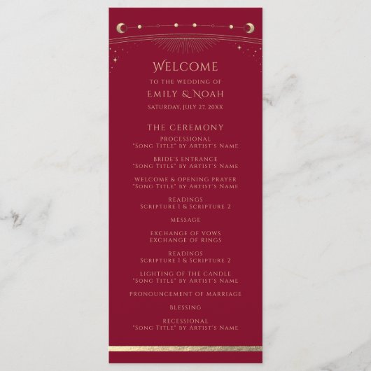 Mystical Burgundy Gold Sun Star Moon Space Weddens Programmakaart (Voorkant)