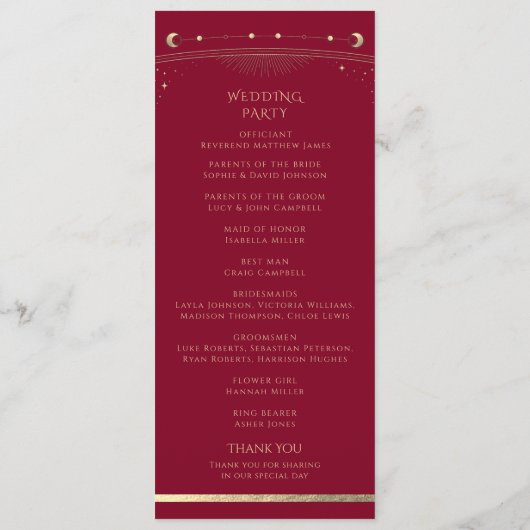 Mystical Burgundy Gold Sun Star Moon Space Weddens Programmakaart (Achterkant)