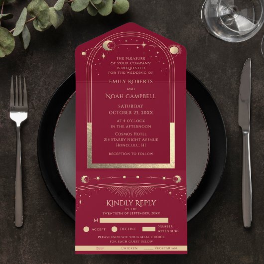 Mystical Burgundy Sun Star Moon Astronomie Space All In One Uitnodiging