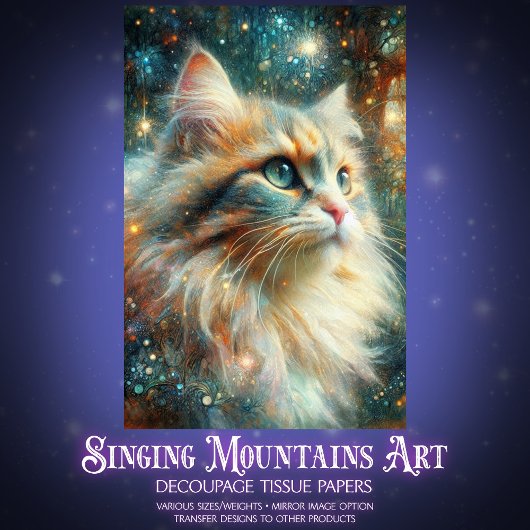Mystical Cat Among the Blooms Whimsical Decoupage Tissuepapier