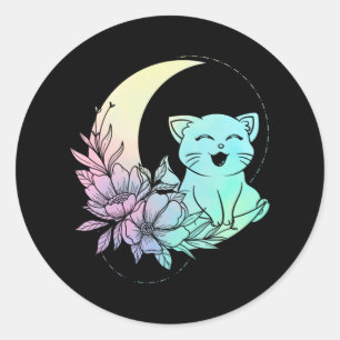 Mystical Cat Crescent Moon Pastel Gothic Wicca Ronde Sticker