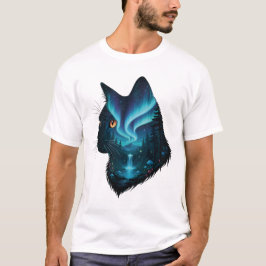 Mystical Cat Northern Lights Forest Silhouette  T-shirt