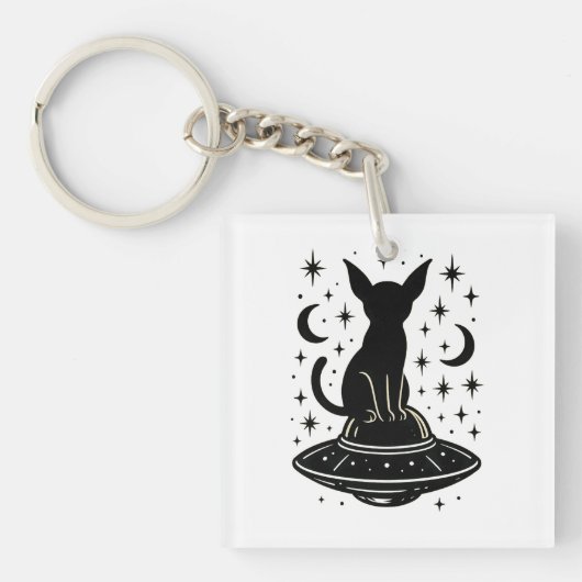 Mystical Cat on UFO with Stars & Moons Sleutelhanger (voorkant)