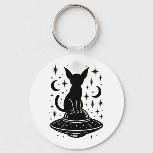 Mystical Cat on UFO with Stars & Moons Sleutelhanger (Voorkant)