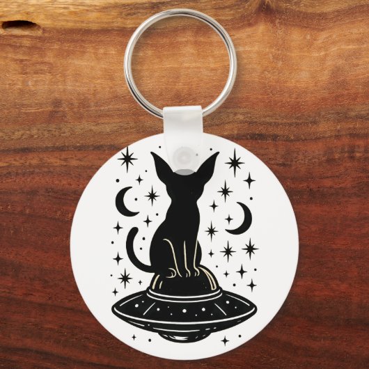 Mystical Cat on UFO with Stars & Moons Sleutelhanger (Achterkant)
