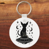 Mystical Cat on UFO with Stars & Moons Sleutelhanger (Voorkant)