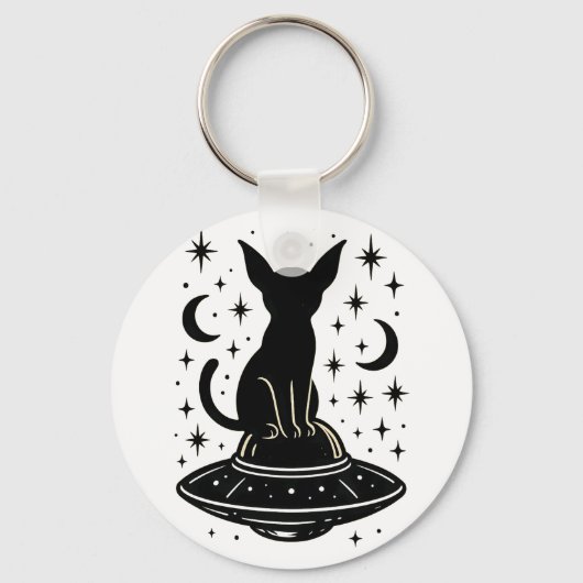 Mystical Cat on UFO with Stars & Moons Sleutelhanger (Achterkant)