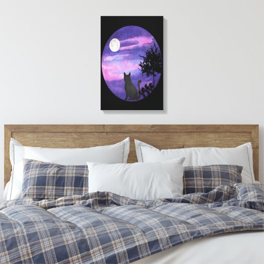 Mystical Cat Under Moon – Dreamy Purple Night Wate Canvas Afdruk (Insitu (Slaapkamer))