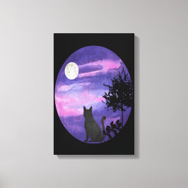 Mystical Cat Under Moon – Dreamy Purple Night Wate Canvas Afdruk
