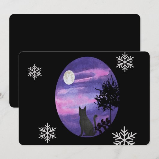 Mystical Cat Under Moon – Dreamy Purple Night Wate Kaart (Voorkant / Achterkant)