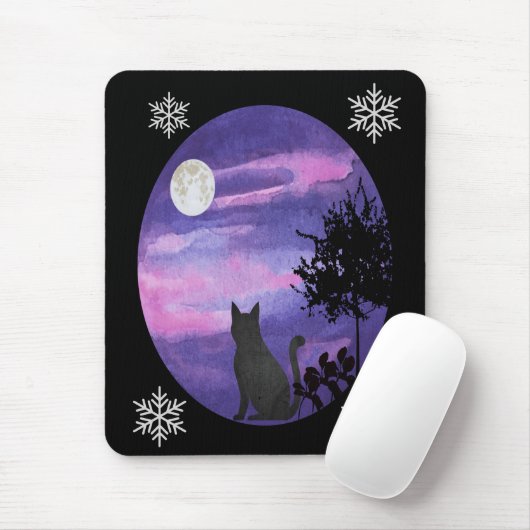 Mystical Cat Under Moon – Dreamy Purple Night Wate Muismat (Met muis)
