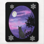 Mystical Cat Under Moon – Dreamy Purple Night Wate Muismat (Voorkant)