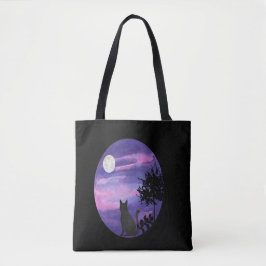 Mystical Cat Under Moon – Dreamy Purple Night Wate Tote Bag