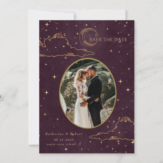 Mystical Celestial Gold Moon Clouds Wedding Save The Date (Voorkant)
