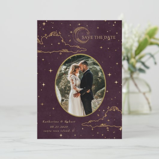 Mystical Celestial Gold Moon Clouds Wedding Save The Date (Staand voorkant)