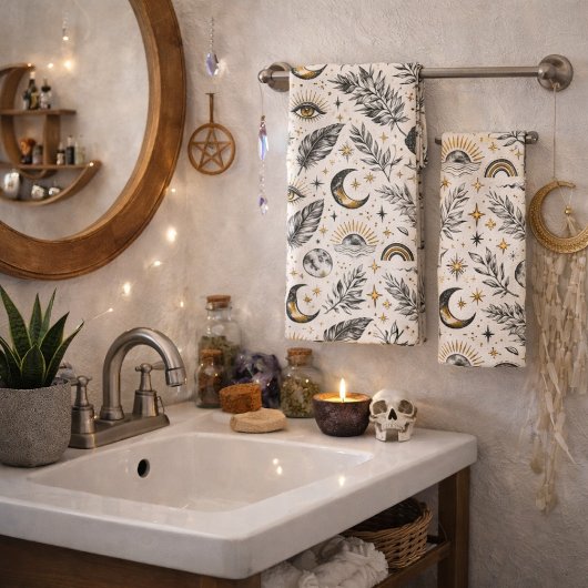 Mystical Celestial Moon Stars Pattern Bad Handdoek