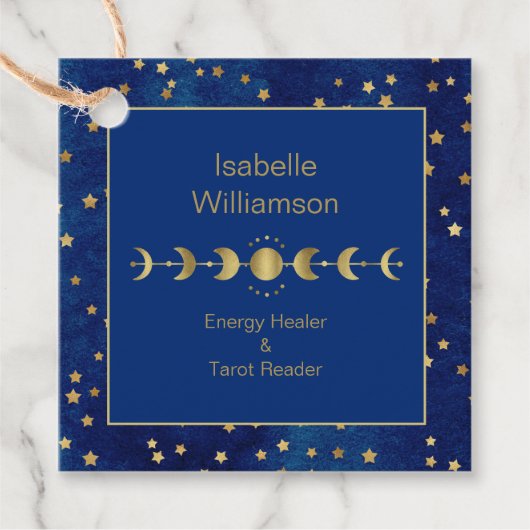 Mystical Celestial Stars Moon Phase Navy Blue Bedankjes Labels (Voorkant)