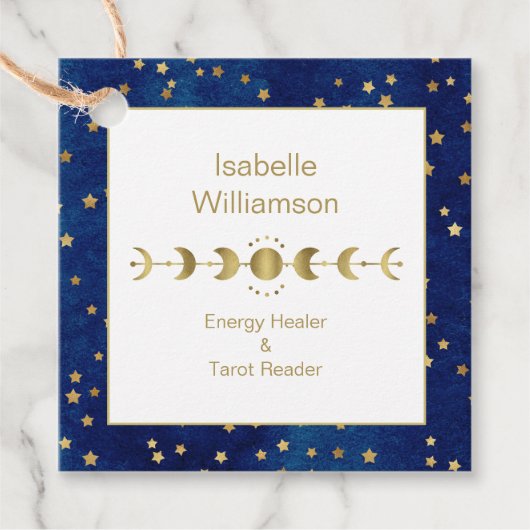Mystical Celestial Stars Moon Phase Navy Blue Gold Bedankjes Labels (Voorkant)