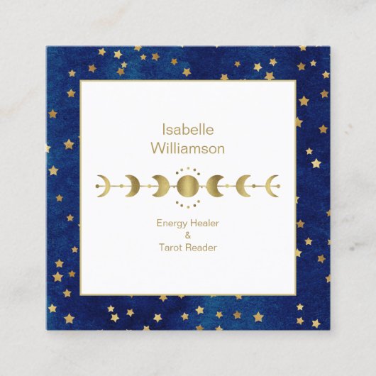 Mystical Celestial Stars Moon Phase Navy Blue Gold Vierkante Visitekaartje (Voorkant)
