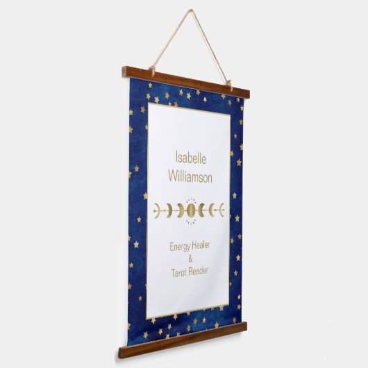 Mystical Celestial Stars Moon Phase Navy Blue Hangend Wandkleed (Gebogen)