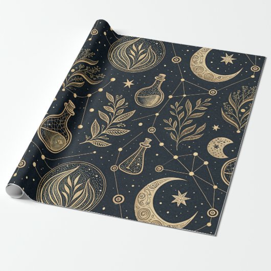 Mystical Celestial Witchcraft - Gold Botanical Cadeaupapier (Uitgerold)