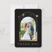 Mystical Chic Black Gold Star Moon Photo Weddensch Bedankkaart (Voorkant)