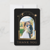 Mystical Chic Black Gold Star Moon Photo Weddensch Bedankkaart (Voorkant)