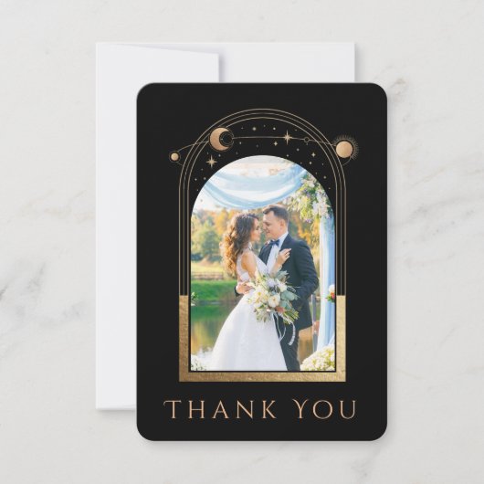 Mystical Chic Black Gold Star Moon Photo Weddensch Bedankkaart (Voorkant)