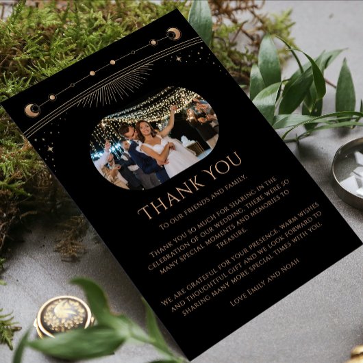 Mystical Chic Black Gold Star Moon Photo Weddensch Bedankkaart