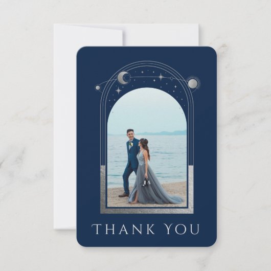 Mystical Chic Blue Silver Star Moon Photo Weddensc Bedankkaart (Voorkant)