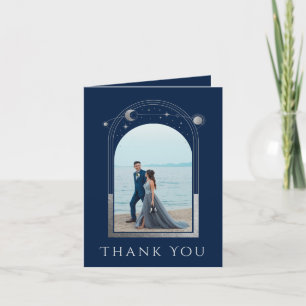 Mystical Chic Blue Silver Star Moon Photo Weddensc Bedankkaart