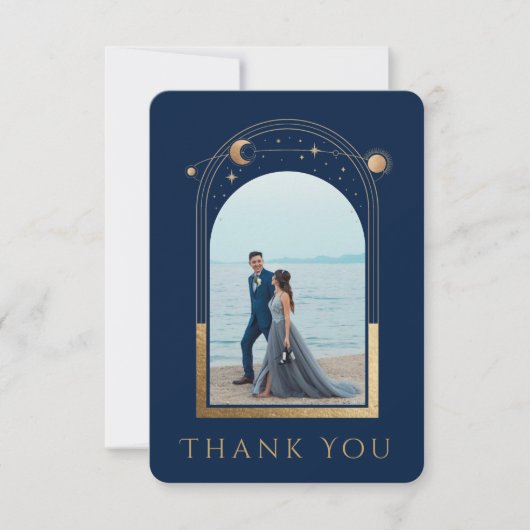 Mystical Chic Blue Star Moon Photo Weddenschap Bedankkaart (Voorkant)