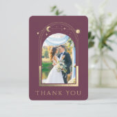 Mystical Chic Plum Gold Star Moon Photo Weddenscha Bedankkaart (Staand voorkant)