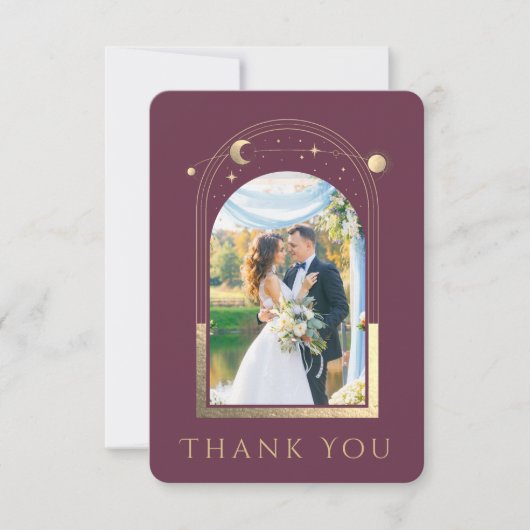 Mystical Chic Plum Gold Star Moon Photo Weddenscha Bedankkaart (Voorkant)