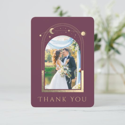 Mystical Chic Plum Gold Star Moon Photo Weddenscha Bedankkaart (Staand voorkant)