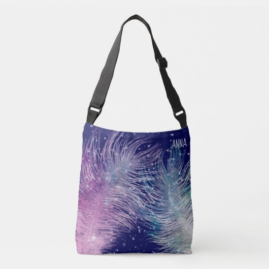 *~* Mystical Cosmic Boho Feathers Night Blue Crossbody Tas (Voorkant)