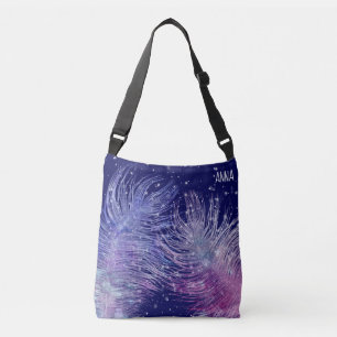 *~* Mystical Cosmic Celestial Feathers Night Blue Crossbody Tas