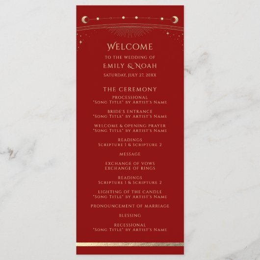 Mystical Dark Red Gold Sun Star Moon Astronomie Programmakaart (Voorkant)