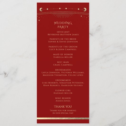 Mystical Dark Red Gold Sun Star Moon Astronomie Programmakaart (Achterkant)