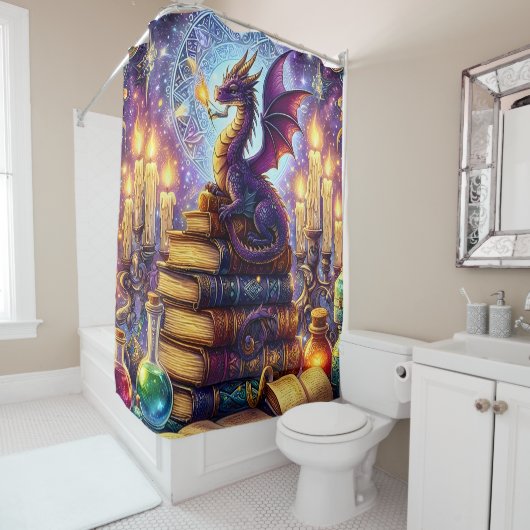 Mystical Dragon Wizard Books Douchegordijn (In situ)