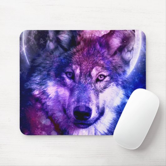 Mystical Galaxy Wolf Face met Full Moon Muismat (Met muis)