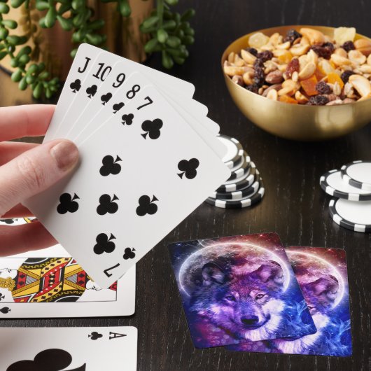 Mystical Galaxy Wolf Face met Full Moon Pokerkaarten (Insitu)
