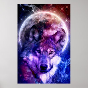 Mystical Galaxy Wolf Face met Full Moon Poster