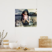 Mystical Girl met Fire Ball en Wolven Poster (Keuken)