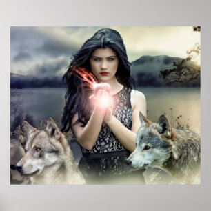 Mystical Girl met Fire Ball en Wolven Poster