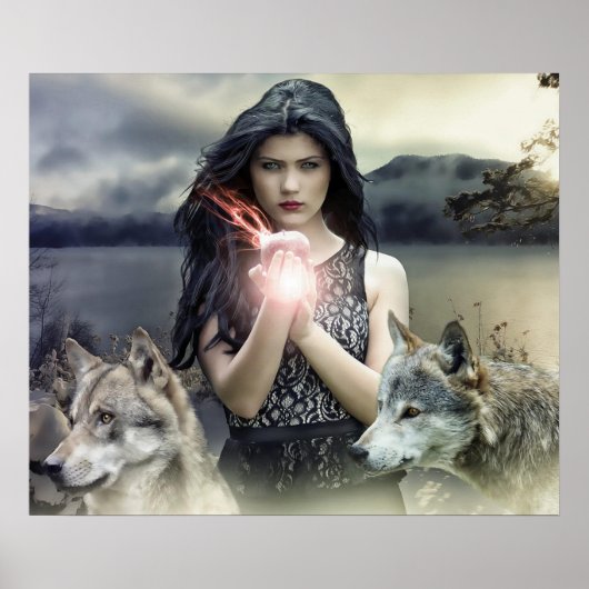Mystical Girl met Fire Ball en Wolven Poster (Voorkant)