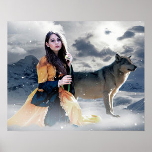 Mystical Girl met Wolf in Winter Scene Poster