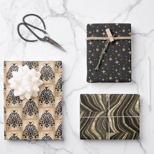 Mystical Gold Black Stars Marble All Occasion Inpakpapier Vel (Voorkant)